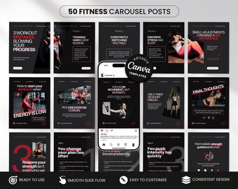 Peut inclure: Ensemble de 50 publications de carrousel de fitness, avec un thème noir et rouge. Les publications présentent des conseils d'entraînement, des citations de motivation et des phrases comme « 3 erreurs d'entraînement » et « L'énergie est faible ». Conçu pour les réseaux sociaux.