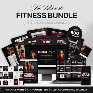 Op de afbeelding: Een digitale fitnessbundel met de tekst "The Ultimate Fitness Bundle" en "All-in-One Canva Marketing & Branding Kit". De afbeelding toont een laptop, tablet, telefoon en computerscherm met fitnesssjablonen en trainingsgidsen.