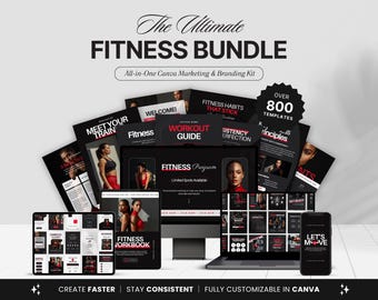 Peut inclure: Un ensemble de fitness numérique avec le texte "The Ultimate Fitness Bundle" et "All-in-One Canva Marketing & Branding Kit". L'image montre un ordinateur portable, une tablette, un téléphone et un écran d'ordinateur affichant des modèles de fitness et des guides d'entraînement.