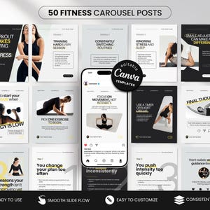 Fitness-Karussell Instagram-Posts, Gelbe Canva-Vorlagen für Fitness- und Personal Coaches, Lernwork-Instagram-Inhalte