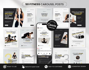Peut inclure: Un produit numérique présentant 50 publications de carrousel de fitness. Le design utilise du noir, du blanc et du jaune, avec des images de personnes faisant de l'exercice. Le texte comprend des conseils d'entraînement et comment éviter les erreurs. Modèles Canva prêts à l'emploi.