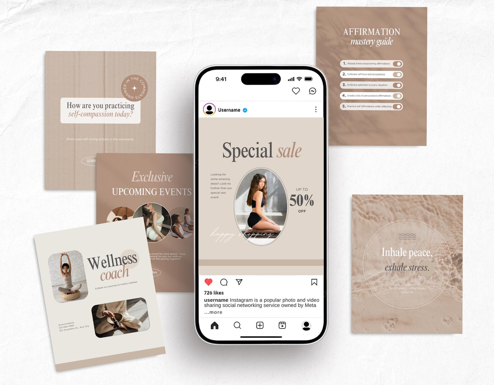 Wellness Instagram Templates Bundle Kit, Beige Wellness Coach Canva ...
