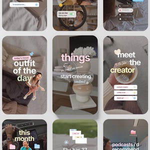 Puede incluir: Una colecci&oacute;n de plantillas digitales para historias de redes sociales con varios dise&ntilde;os, superposiciones de texto como 'outfit of the day' y 'meet the creator', paletas de colores suaves y elementos gr&aacute;ficos que incluyen iconos.