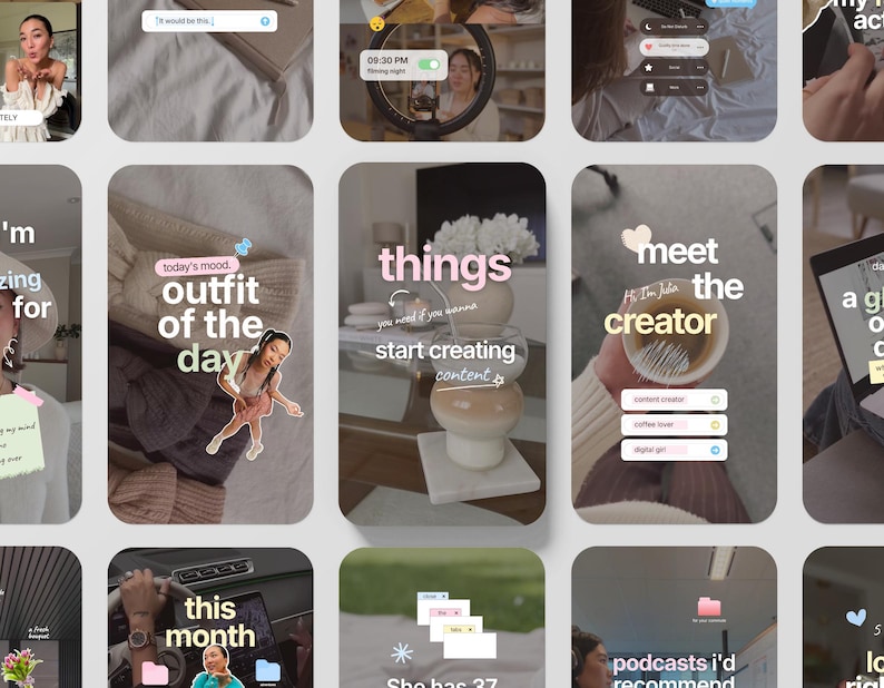 Puede incluir: Una colecci&oacute;n de plantillas digitales para historias de redes sociales con varios dise&ntilde;os, superposiciones de texto como 'outfit of the day' y 'meet the creator', paletas de colores suaves y elementos gr&aacute;ficos que incluyen iconos.