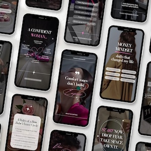 May include: A collection of smartphones displaying social media content with motivational quotes and business tips. The screens feature text like "A Confident Woman," "Money Mindset," and "Start Now." The phones are arranged on a white surface.