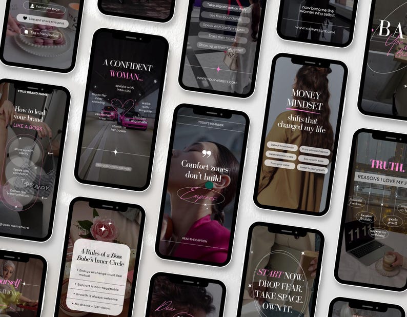 May include: A collection of smartphones displaying social media content with motivational quotes and business tips. The screens feature text like "A Confident Woman," "Money Mindset," and "Start Now." The phones are arranged on a white surface.