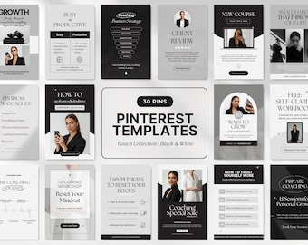 Peut inclure: Ensemble de 30 modèles Pinterest en noir et blanc pour coachs. Les modèles présentent des mises en page variées avec du texte et des images, notamment sur des sujets tels que la croissance, la productivité et le développement personnel. Design moderne.