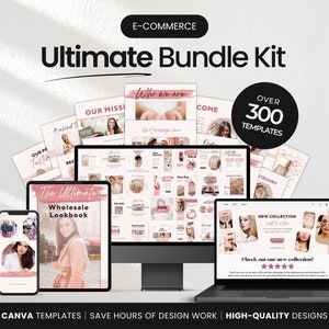 May include: A collection of over 300 Canva templates for e-commerce businesses. The templates are designed in a pink and white color scheme and feature a variety of designs, including product photos, sale announcements, and customer testimonials. The text "Ultimate Bundle Kit" is displayed in a large font at the top of the image.