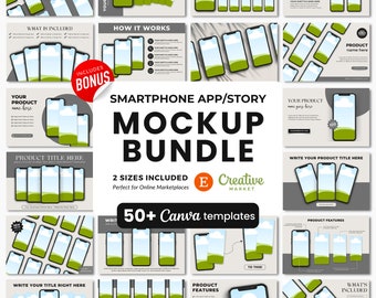 Paquete de plantillas de maquetas de teléfonos inteligentes de Canva, plantilla de listado de Etsy para productos digitales, plantillas de maquetas de iPhone, maquetas de pantallas de teléfonos de Canva