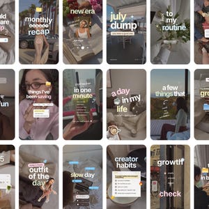 Op de afbeelding: Een verzameling van vijftien verticale digitale social media story-sjablonen met diverse lifestyle-fotografie, waaronder binnen- en buitenscènes, met tekstoverlays over onderwerpen zoals maandelijkse overzichten, dagelijkse routines en zakelijke groei.