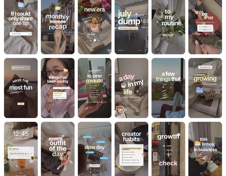 Puede incluir: Una colecci&oacute;n de quince plantillas verticales de historias para redes sociales con diversas fotograf&iacute;as de estilo de vida, incluyendo escenas interiores y exteriores, con elementos de texto superpuestos sobre temas como res&uacute;menes mensuales y rutinas.