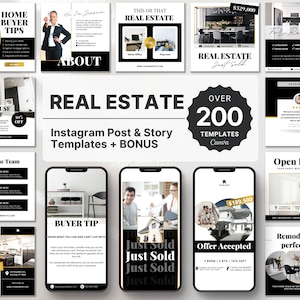 Instagram Real Estate Templates Bundle Luxury, Realtor Instagram Branding Kit, Real Estate Gold Instagram Posts & Stories, Canva Templates