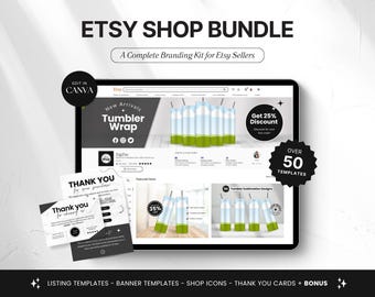 Etsy Shop Bundle Canva Templates, Etsy Branding Kit for Skinny Tumblers, Editable Etsy Banner Templates, Minimal Black White Shop Kit