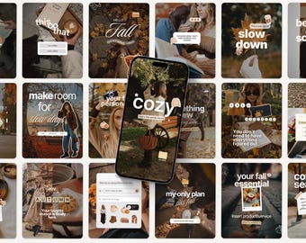 May include: A smartphone displaying a social media template collection with autumn-themed graphics, text overlays, and photography. The screen features a central image of a person in a park with the text cozy, surrounded by various fall-inspired layouts.