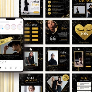 Black & Gold Instagram Templates Bundle Kit, Luxury Instagram Branding ...