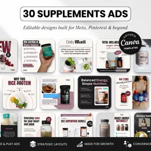 May include: A promotional graphic with the text "30 SUPPLEMENTS ADS" and "Editable designs built for Meta, Pinterest & beyond." The graphic features various product ads, including "Biome Balance" and "Rice Protein," with the Canva logo.