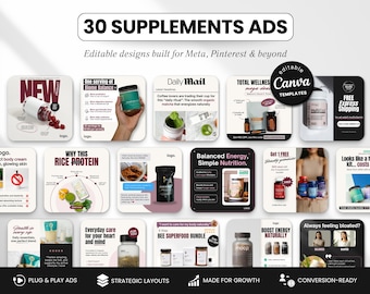 Aanvullende advertentiesjablonen Canva, statische advertenties voor wellness en voeding voor Facebook en Instagram, bewerkbare metaadvertenties, marketing voor gezondheidsproducten