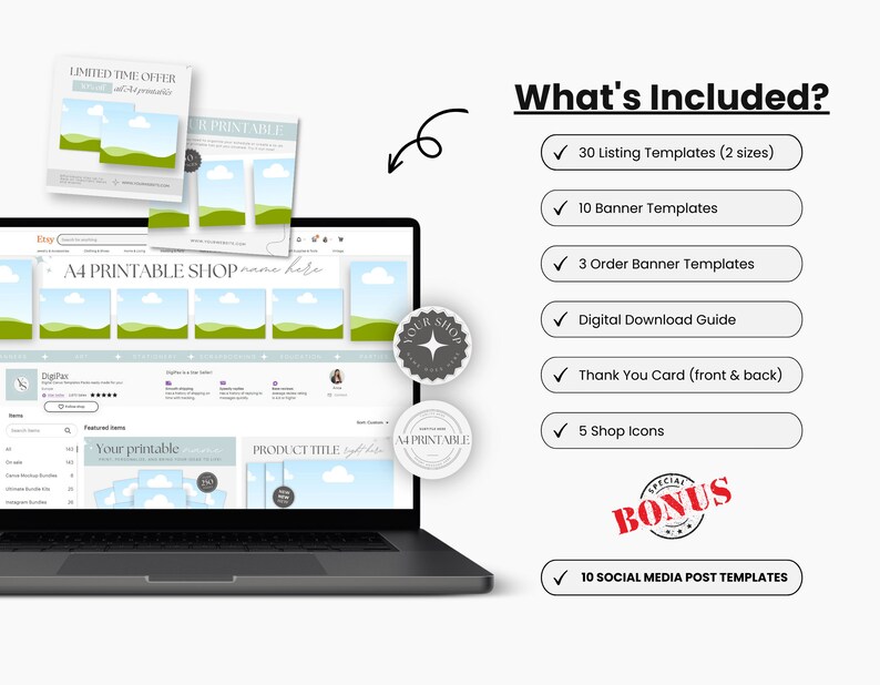 May include: A computer screen displaying a website with a green and blue landscape design. The website is called "A4 Printable Shop" and offers printable templates for Etsy sellers. The text "What's Included?" is displayed on the right side of the image with a list of items included in the product, such as listing templates, banner templates, and social media post templates.