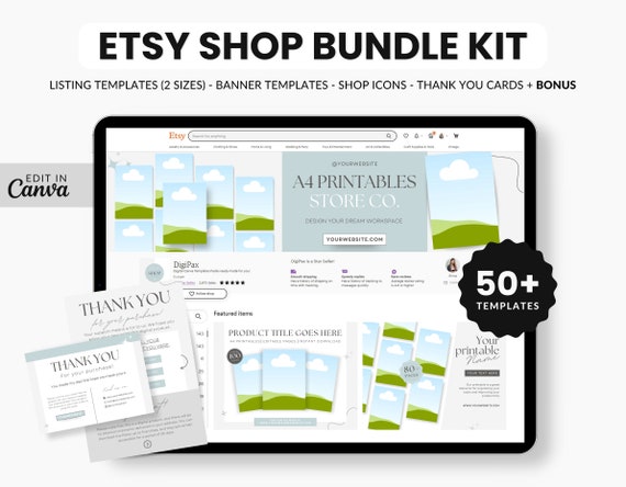 Etsy Printables A4 Shop Bundle, Digital Shop Etsy Branding Kit Canva, Etsy Listing Template Printables, Etsy A4 Printables Banner Templates