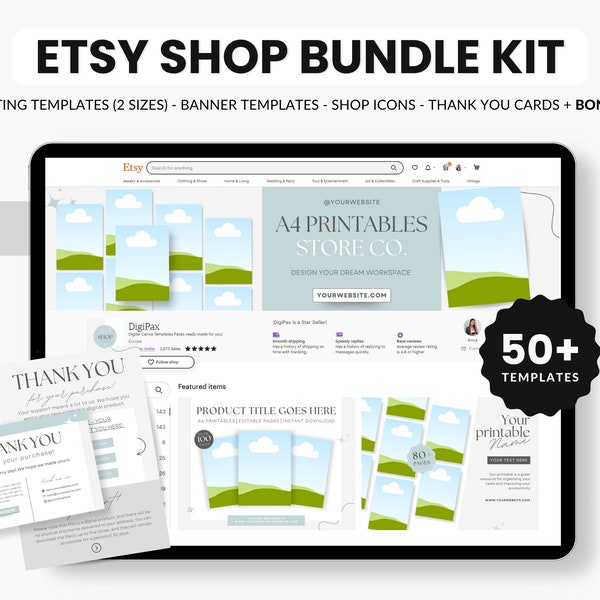Etsy Printables A4 Shop Bundle, Etsy Digital Shop Branding Kit Canva, Etsy Listing Template Printables, Etsy A4 Printables Banner Templates