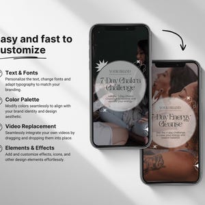 May include: Two smartphones displaying a wellness program. The screens show a circular design with the text "7-Day Chakra Challenge" and "7-Day Energy Cleanse." The image also includes text about customization options: text and fonts, color palette, video replacement, and elements and effects.