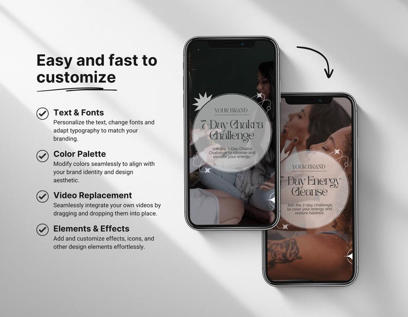 May include: Two smartphones displaying a wellness program. The screens show a circular design with the text "7-Day Chakra Challenge" and "7-Day Energy Cleanse." The image also includes text about customization options: text and fonts, color palette, video replacement, and elements and effects.