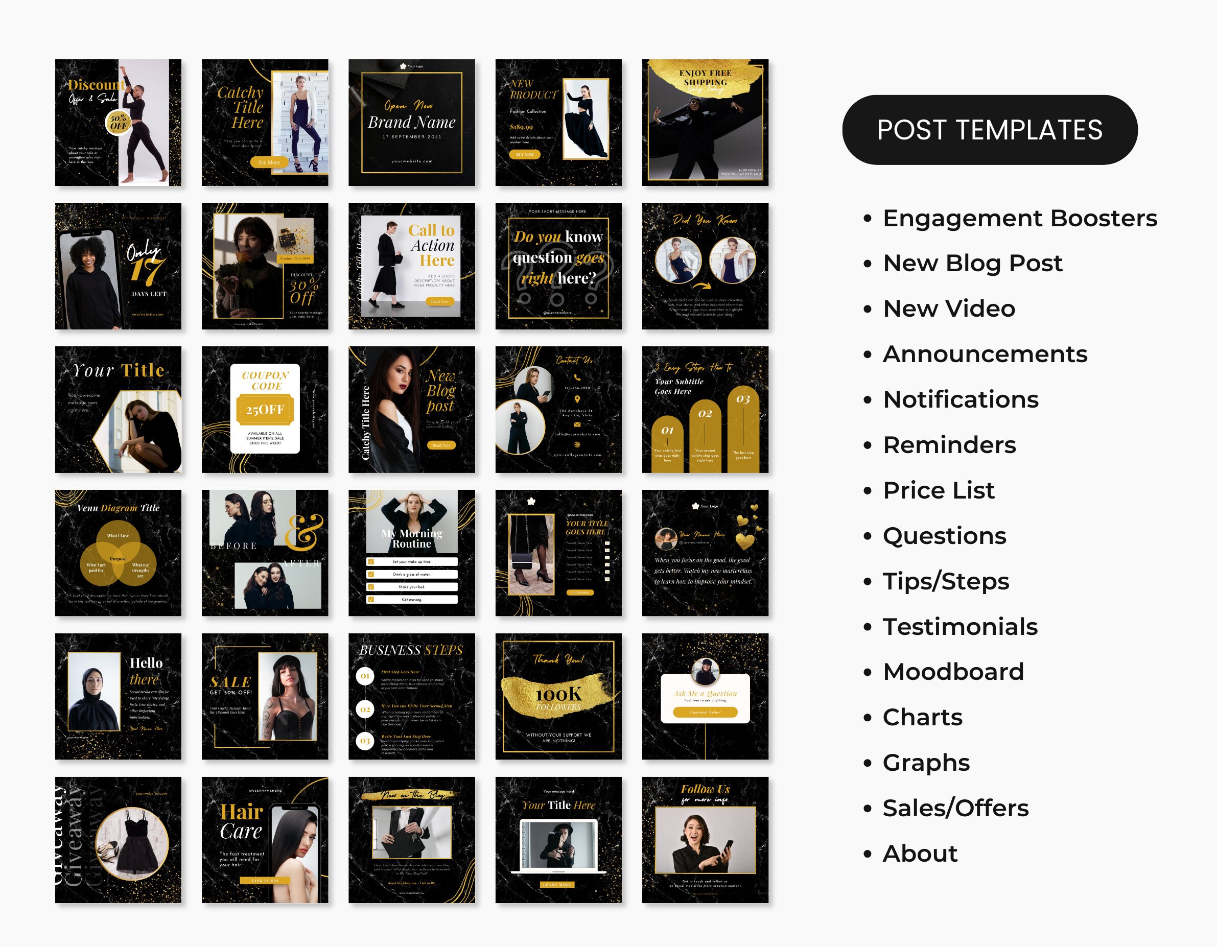 Ultimate Black & Gold Social Media Templates Bundle Kit, Luxury Social ...