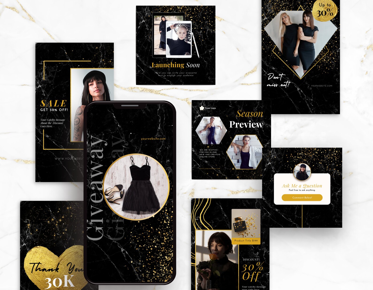 Black & Gold Instagram Templates Bundle Kit, Luxury Instagram Branding ...