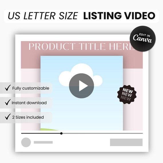US Letter Size Listing Video Template Canva, US Letter Paper Listing Video Template, Printables Square Video Mockup, Canva Video US Letter