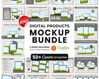 Digital Products Mockup Templates Bundle, Etsy Listing Template for Digital Products, Course Creator Mockups, Square Listing Mockups Canva