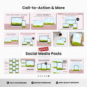May include: A collection of social media post templates featuring a variety of layouts with a landscape scene of a green hill and a white cloud. The templates include text such as "Visit our website for more", "Need more?", "Looking for more?", "New Product", "Your title goes here", "Sale Sale Sale", and "Planner Bundle Title Here".