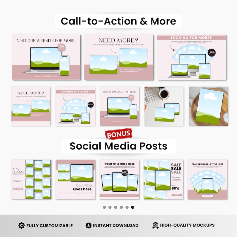 May include: A collection of social media post templates featuring a variety of layouts with a landscape scene of a green hill and a white cloud. The templates include text such as "Visit our website for more", "Need more?", "Looking for more?", "New Product", "Your title goes here", "Sale Sale Sale", and "Planner Bundle Title Here".