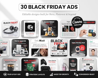 30 statiska annonsmallar för Black Friday, Canva-marknadsföringsannonser, Facebook Instagram-metaannonser, mallar för sociala medier för e-handel och webbutiker