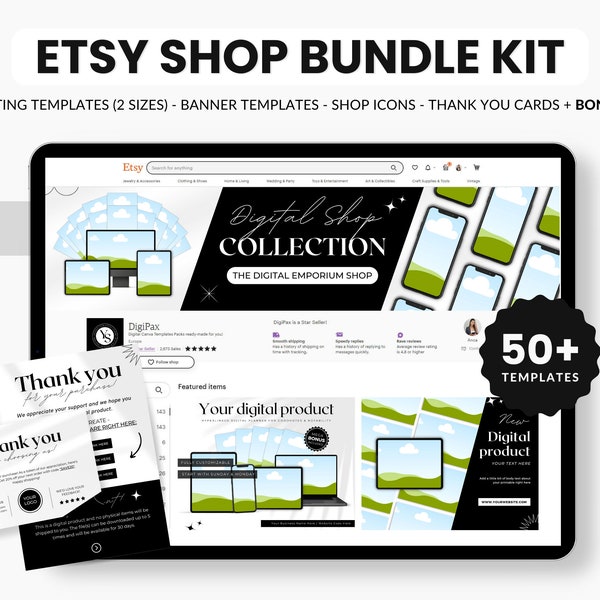 Etsy Digital Shop Bundle Kit, Etsy Digital Products Shop Branding Kit, Etsy Listing Template Digital Products, Etsy Digital Mockups Canva