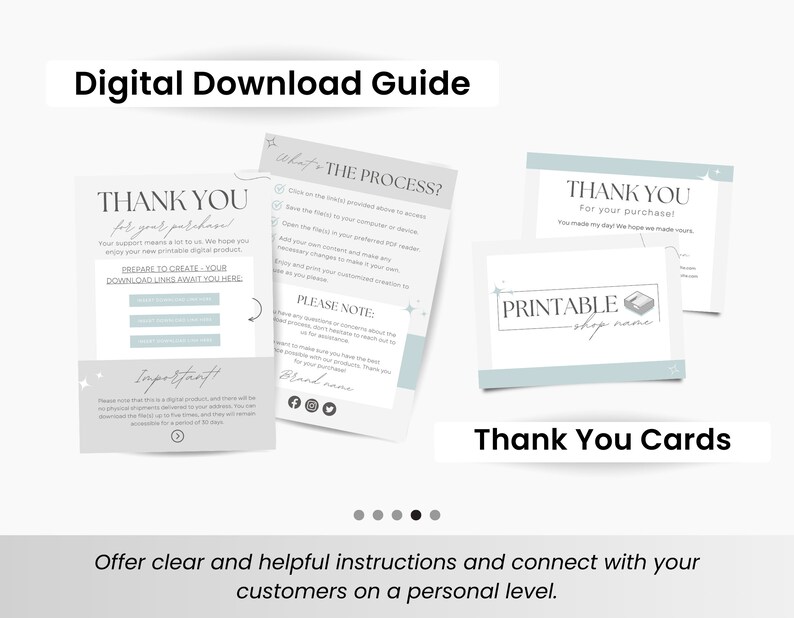 May include: A digital download guide with instructions on how to access and download printable thank you cards. The guide features a light blue and grey colour scheme with stars and a thank you message. The thank you cards are also light blue and grey with a simple design.