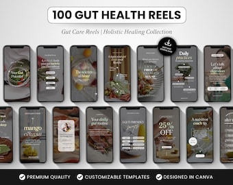 100 Gut Health Reels Templates, Canva Nutrition Coach Instagram Reels, Holistic Wellness Social Media Video Reel Templates for Coaches
