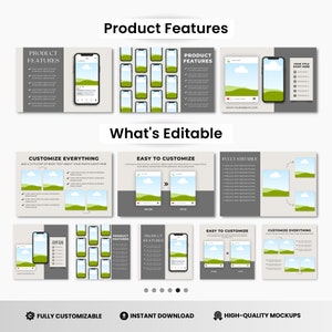 May include: A mockup template for social media posts featuring a smartphone with a green and blue landscape image. The template includes customizable elements like text boxes, icons, and a color palette. The text "Product Features" and "What's Editable" are included in the image.