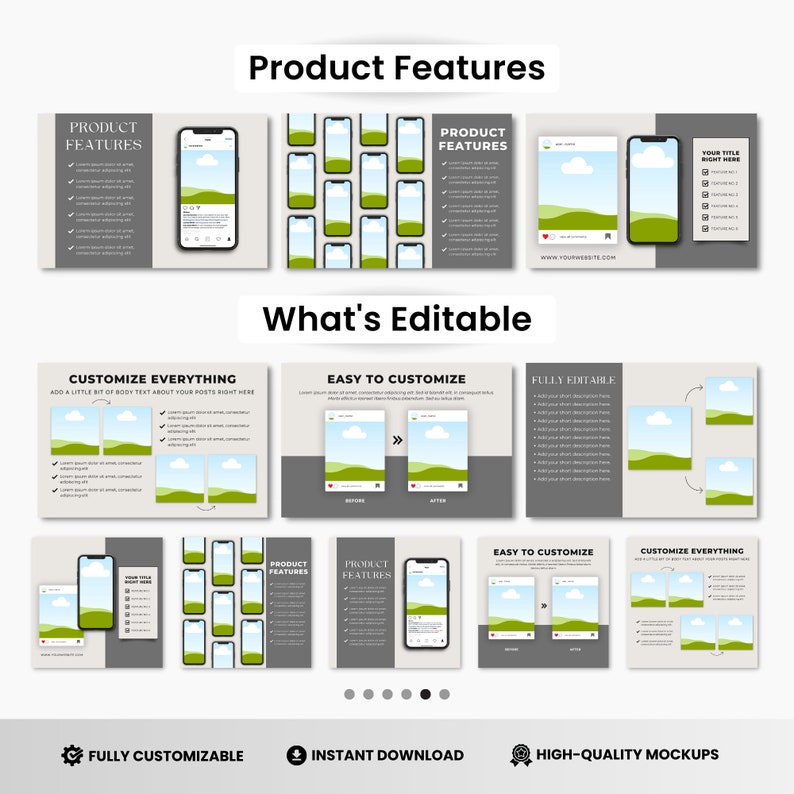May include: A mockup template for social media posts featuring a smartphone with a green and blue landscape image. The template includes customizable elements like text boxes, icons, and a color palette. The text "Product Features" and "What's Editable" are included in the image.