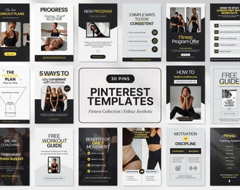 Peut inclure: Ensemble de 30 modèles Pinterest sur le thème de la remise en forme. Les modèles présentent une esthétique noire et jaune, avec du texte tel que "Plans d'entraînement", "Progrès" et "Offre de programme de remise en forme".