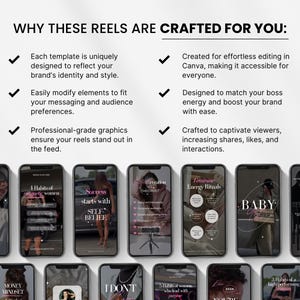 May include: A promotional image showcasing several smartphone screens displaying Instagram reel templates. The text "WHY THESE REELS ARE CRAFTED FOR YOU" is at the top. The templates feature various designs with text overlays, including "35% OFF" and "BABY."