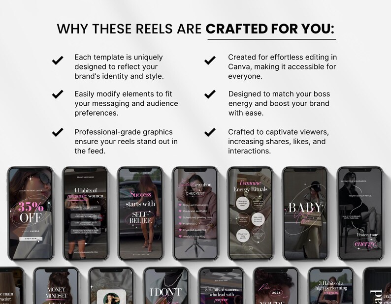 May include: A promotional image showcasing several smartphone screens displaying Instagram reel templates. The text "WHY THESE REELS ARE CRAFTED FOR YOU" is at the top. The templates feature various designs with text overlays, including "35% OFF" and "BABY."
