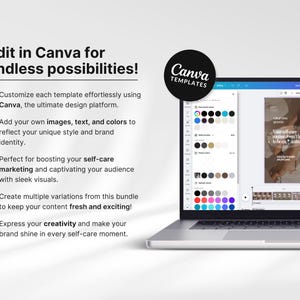 May include: A laptop computer displaying a Canva design template for social media posts. The template features a photo of a person's feet and the text "Yourself-care routine, even I have to be honest".
