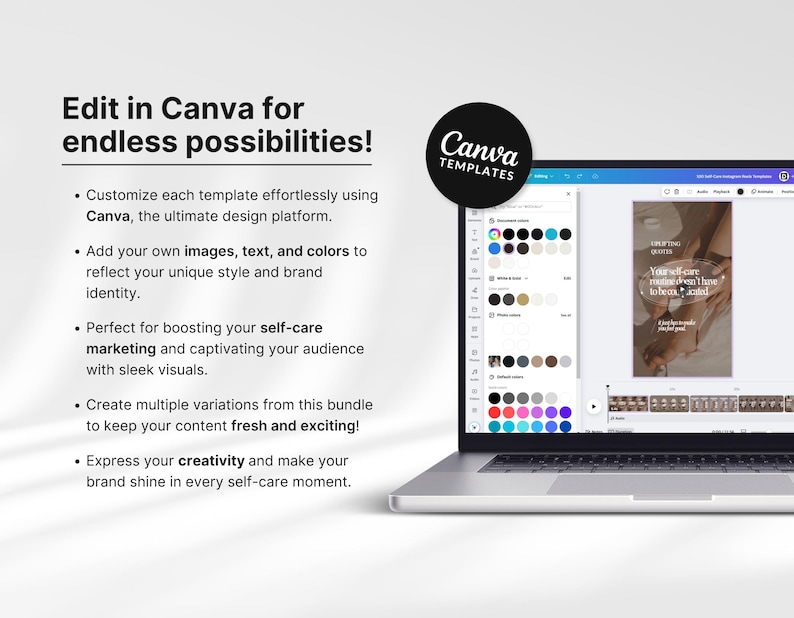 May include: A laptop computer displaying a Canva design template for social media posts. The template features a photo of a person's feet and the text "Yourself-care routine, even I have to be honest".
