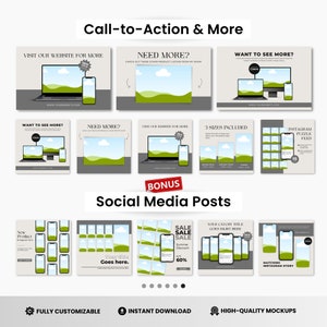 May include: A collection of social media post templates featuring a variety of layouts and designs. The templates include images of laptops, phones, and a landscape scene with green hills and a blue sky. The text on the templates includes "Visit our website for more", "Need more?", "Want to see more?", "3 sizes included", "Instagram puzzle feed", "New product", "Your title goes here", "Sale sale sale", "Summer discount", "60%", and "Matching Instagram story".