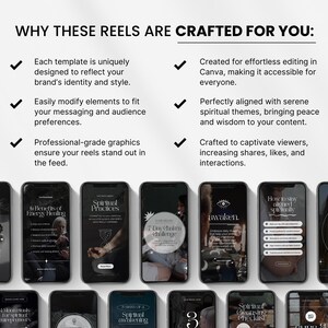 May include: A promotional image showcasing mobile phone screens displaying spiritual content templates. The text highlights features like effortless editing in Canva, professional-grade graphics, and serene spiritual themes. The overall aesthetic is minimalist with a focus on user engagement.