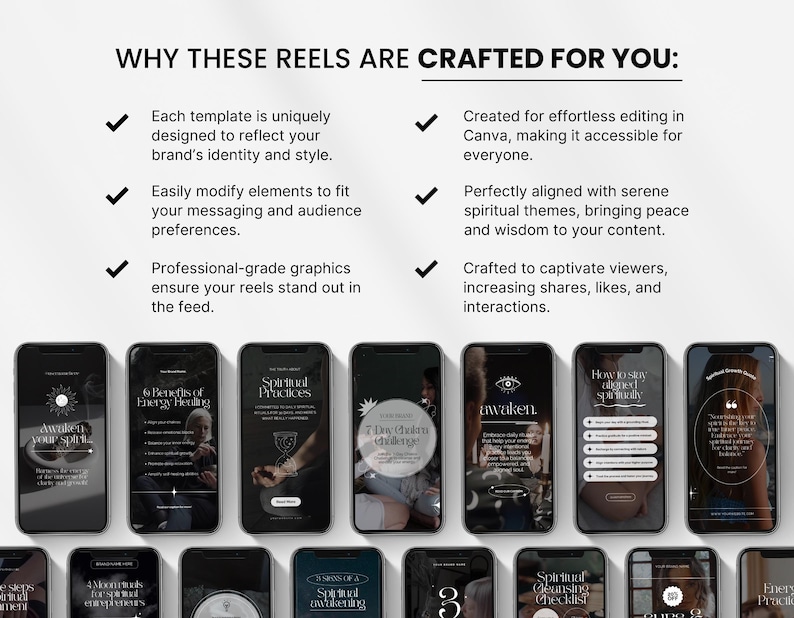 May include: A promotional image showcasing mobile phone screens displaying spiritual content templates. The text highlights features like effortless editing in Canva, professional-grade graphics, and serene spiritual themes. The overall aesthetic is minimalist with a focus on user engagement.