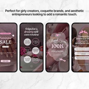 May include: Three phone screen mockups with pink and white graphics. The first mockup shows a sale announcement for feminine products. The second mockup shows a list of self-care tips. The third mockup shows a thank you message for 100,000 followers.