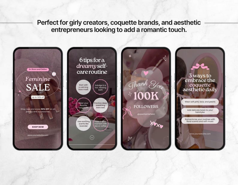 May include: Three phone screen mockups with pink and white graphics. The first mockup shows a sale announcement for feminine products. The second mockup shows a list of self-care tips. The third mockup shows a thank you message for 100,000 followers.