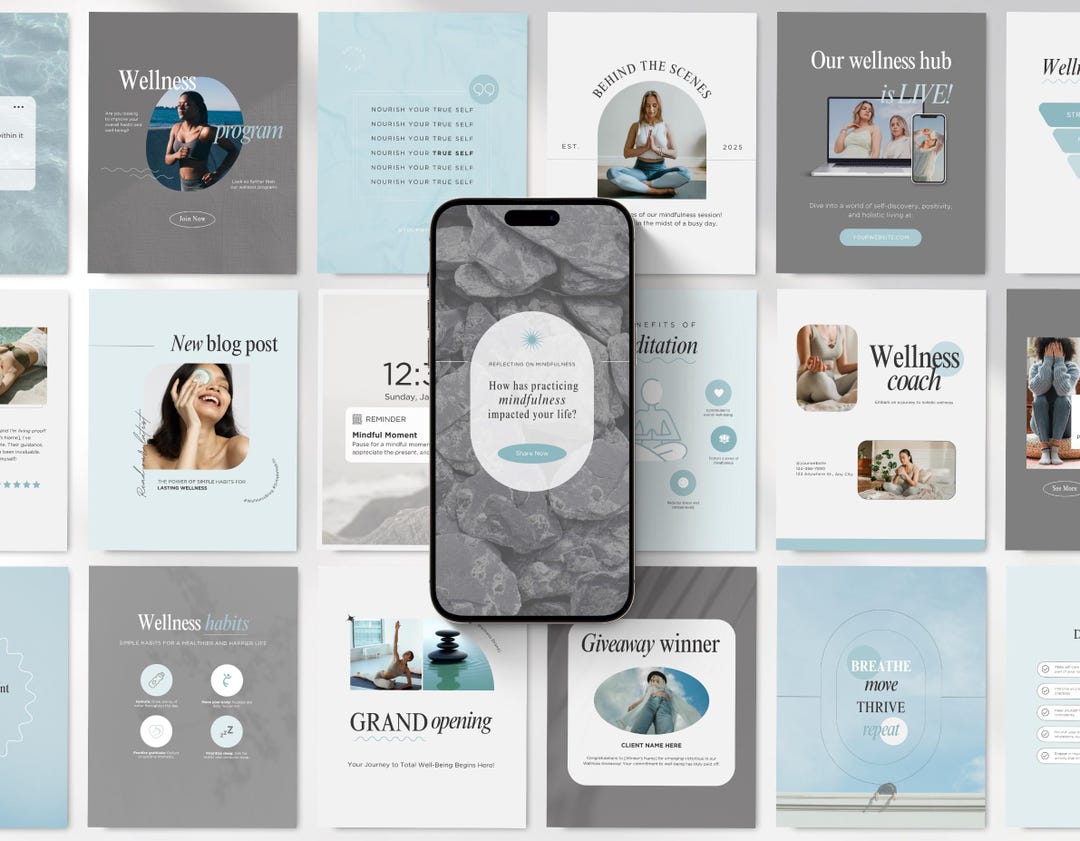 Wellness Instagram Templates Bundle Kit, Blue Wellness Coach Canva ...