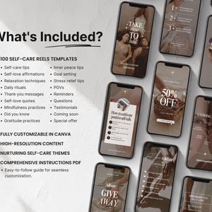 May include: A collection of 100 self-care reel templates for social media. The templates are fully customisable in Canva and feature high-resolution content. The templates include a variety of self-care themes, such as inner peace, goal setting, stress relief, and mindfulness practices. The templates are designed to help users create engaging and informative content for their social media followers.